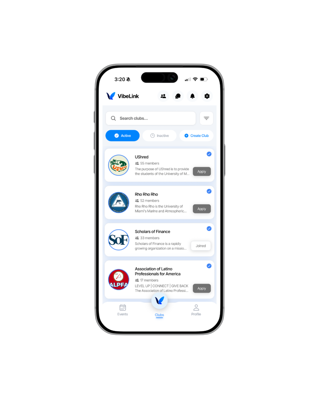 VibeLink Discovery Feeds — browse and search clubs on campus